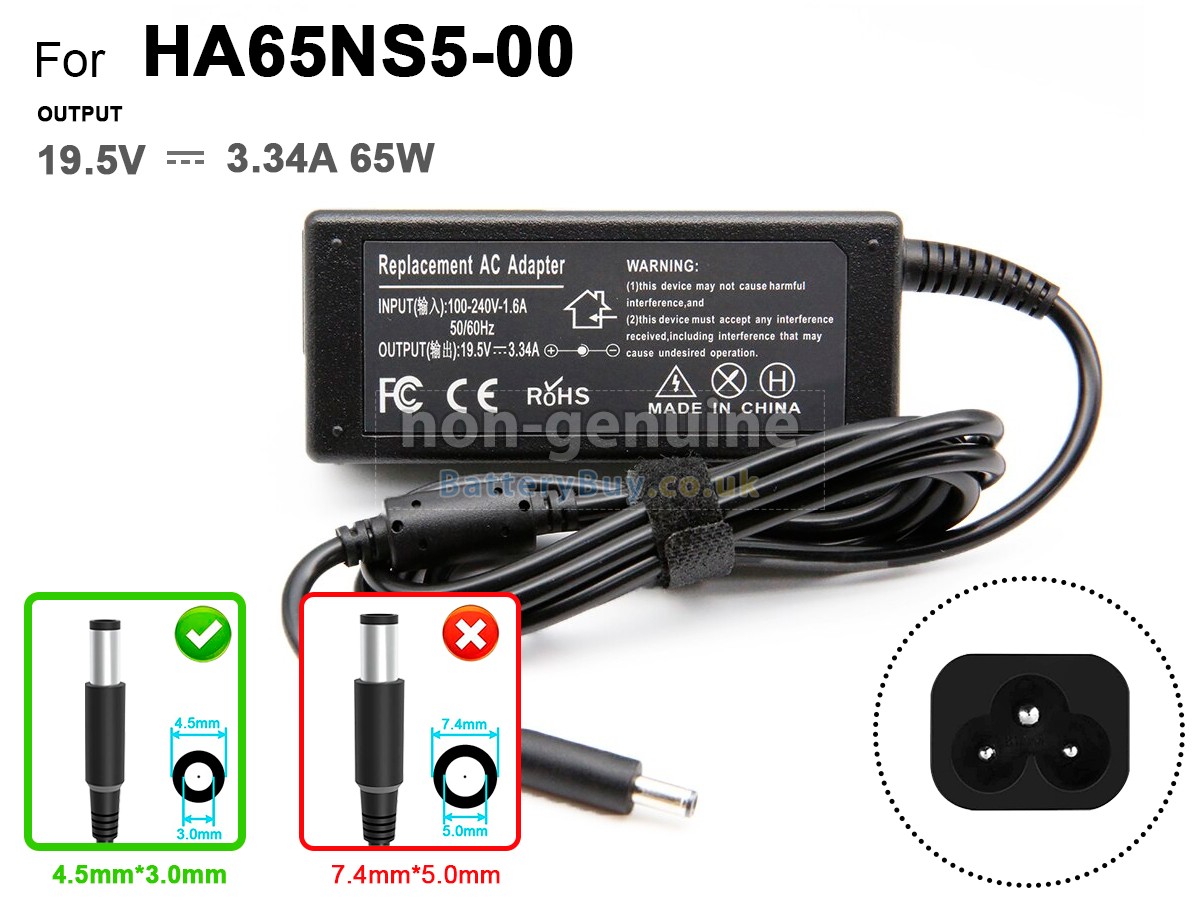 replacement adapter for Dell 65W 19.5V-3.34A 100-240V~1.6A 50/60HZ