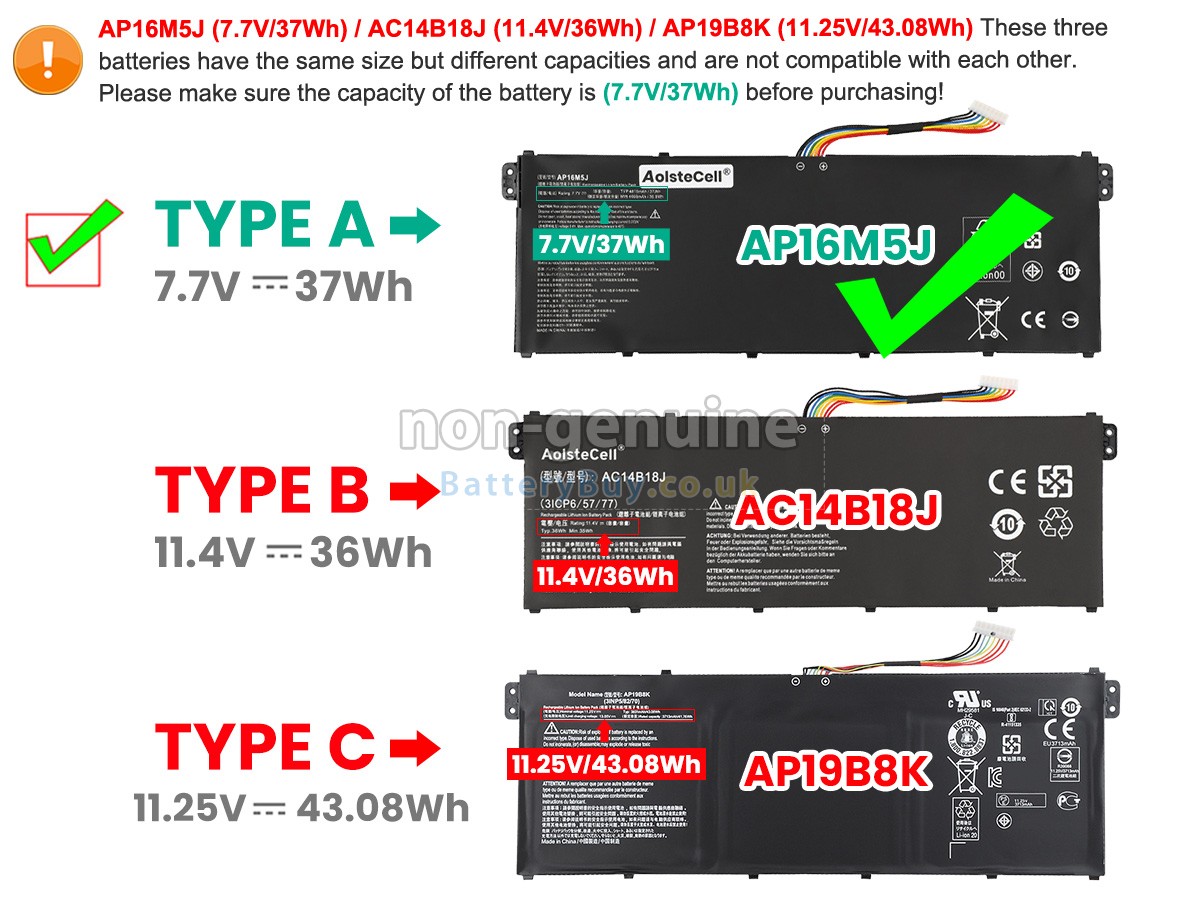 thumbnail image 2 of Replacement Battery For Acer Aspire 3 (A315-51, A315-21) & 5 Series - AP16M5J, 37Wh 2 of 2