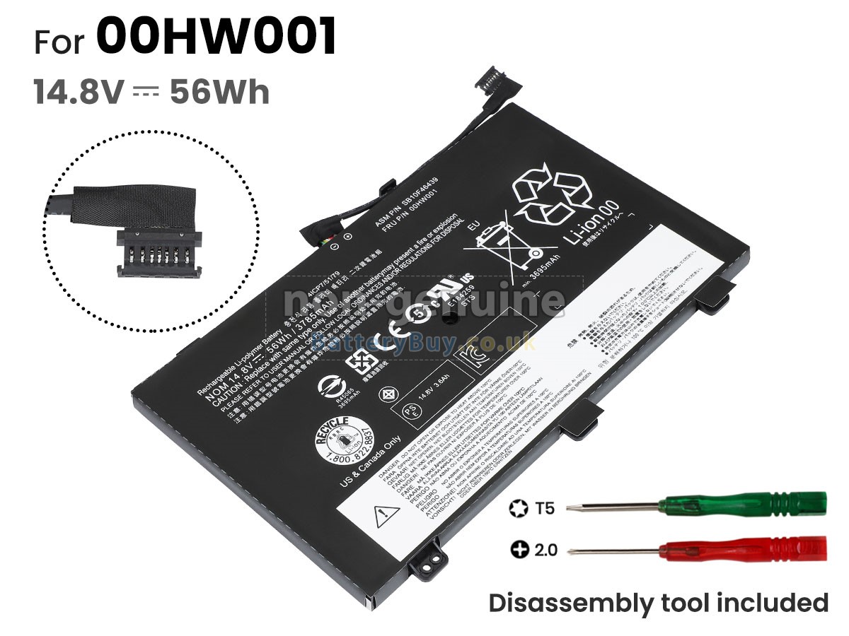replacement battery for Lenovo 00HW001